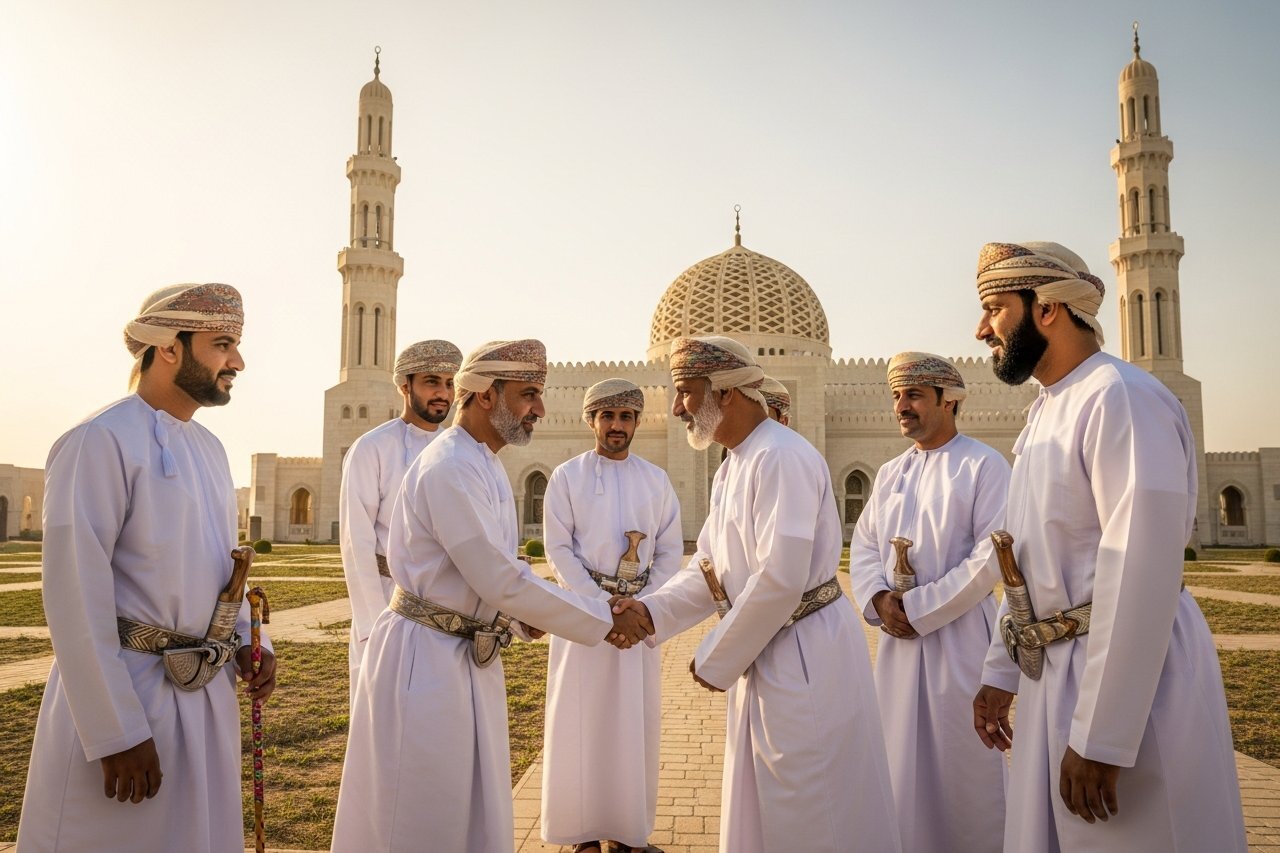Omani men in traditional dress greeting one another in front of a grand mosque