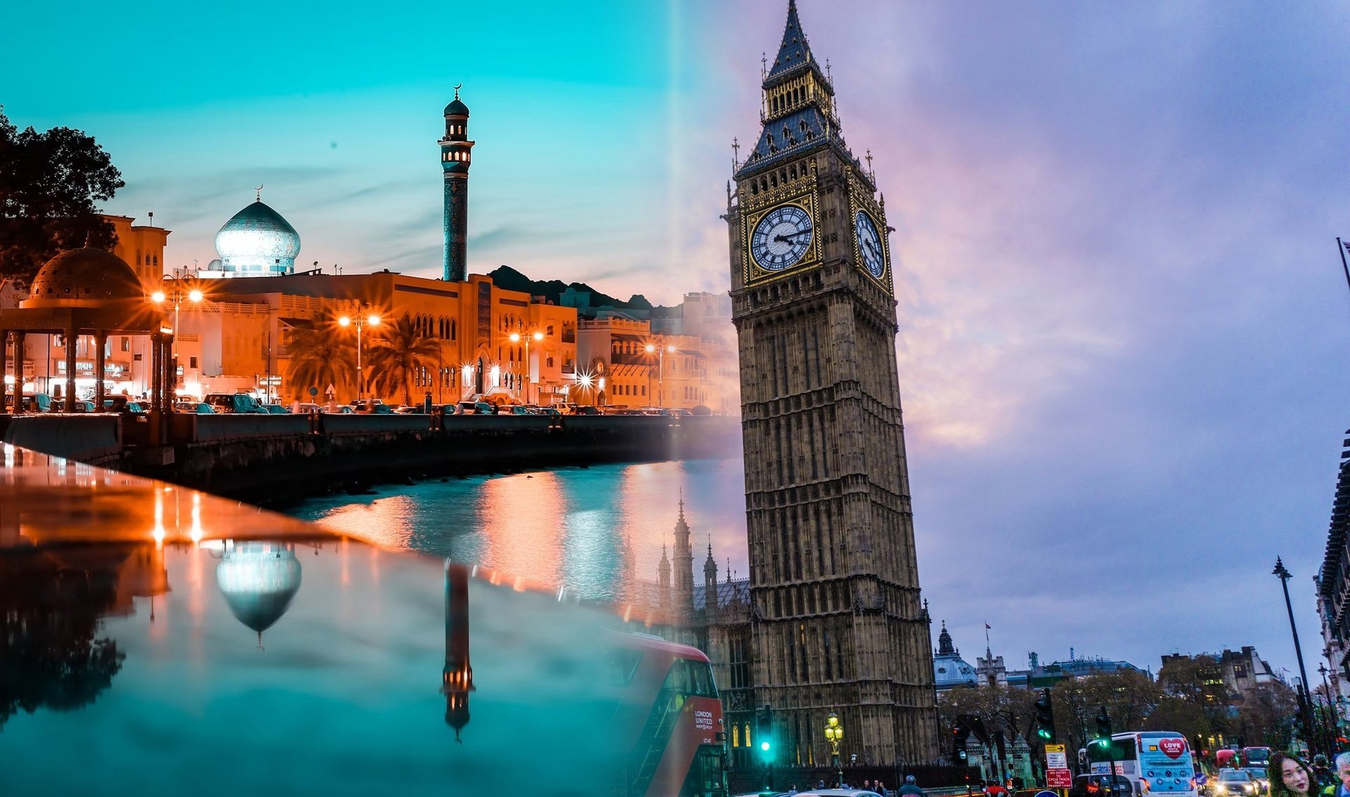 A merged skyline of Muscat, Oman on the left blending into Big Ben and the Houses of Parliament, London on the right